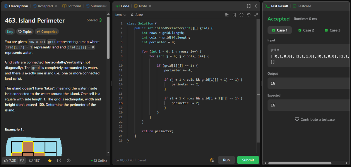 coder_s_Snippet's tweet image. #DailyCodingChallenge
Day 252
Task: Find the island’s perimeter by counting exposed edges of land cells.
Solution: Add 4 for every land cell. For each land cell that shares a side with another land cell (right or down), subtract 2 from the total perimeter.
#LeetCode