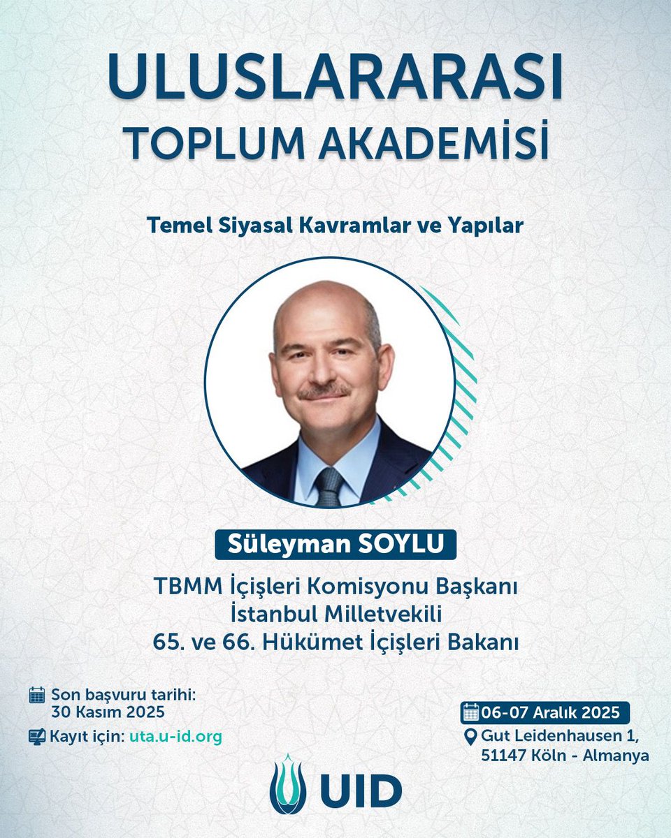 U_I_D's tweet image. 🎤 Süleyman Soylu

TBMM İçişleri Komisyonu Başkanı; İstanbul Milletvekili;
65. ve 66. Hükümet İçişleri Bakanı

📚 Konu Başlığı:  Temel Siyasal Kavramlar ve Yapılar
📝 Tanıtım:
Katılımcılar, siyaset bilimi ve kamu yönetiminin temel kavramlarını öğrenerek toplumsal yapılar ve…
