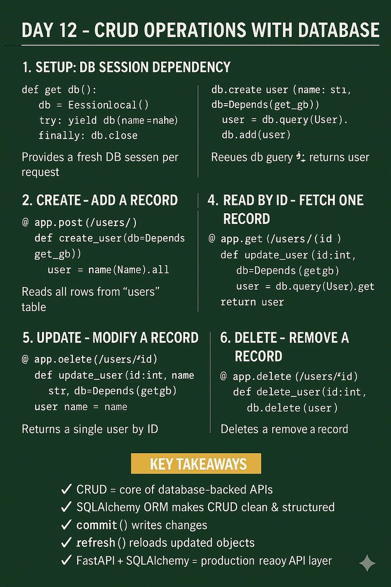 NivasChintu1's tweet image. Day 12 — CRUD Operations with Database (FastAPI + SQLAlchemy)

CRUD = Create, Read, Update, Delete — the core of every backend API.
Here’s how to implement CRUD using SQLAlchemy with FastAPI 👇#FastAPI #Python #SQLAlchemy #Backend #100DaysOfCode