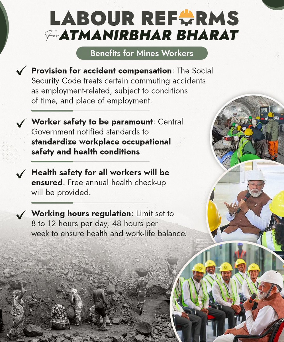 AgartalaAir's tweet image. The Labour Codes put robust safeguards in place for every worker.
From timely wages and mandatory appointment letters to comprehensive social security and healthcare, these reforms uphold dignity, safety, and transparency across the workforce.
#ShramevJayate