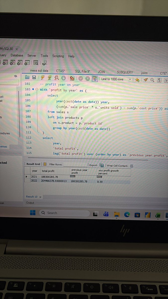iamStephen0's tweet image. Using the CTE clause to get my ‘profit year on year’ on mysql was a bit of a stretch 🥺

#SQL #mysqlworkbench #queries