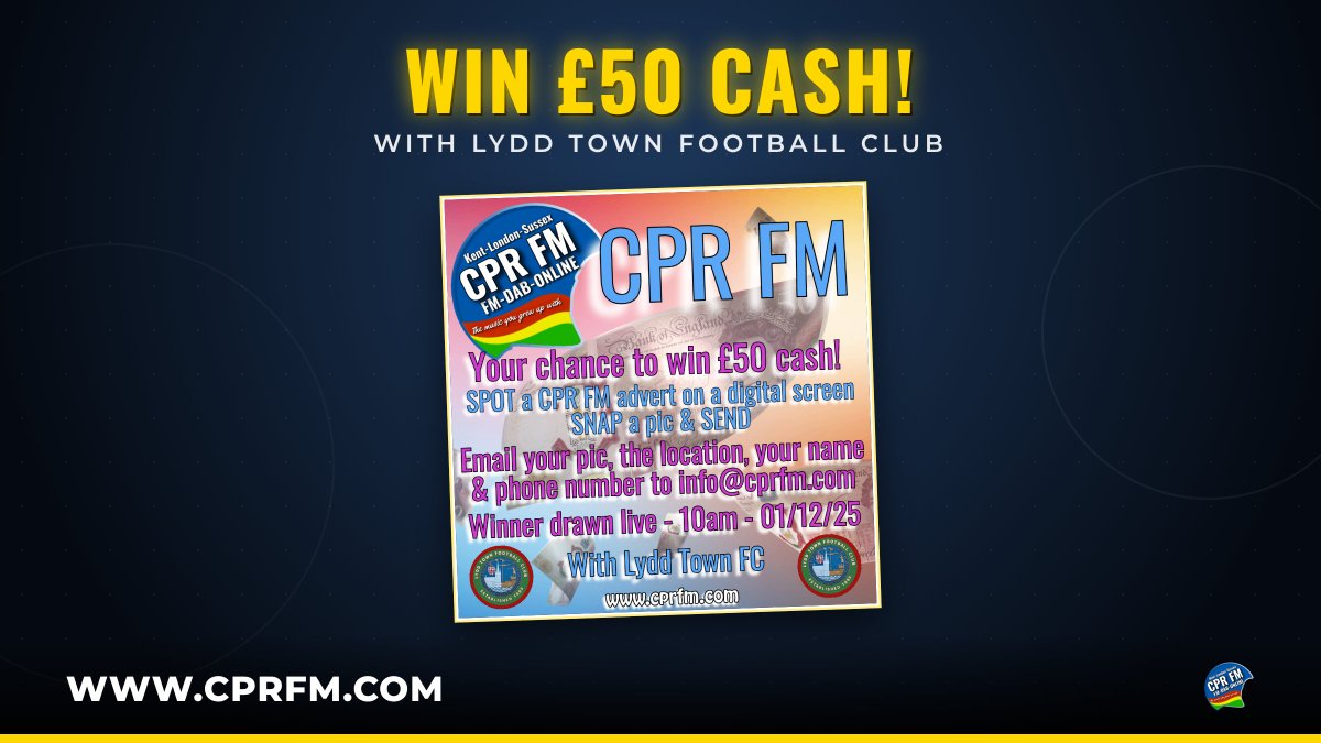 CinqueRadio's tweet photo. Calling all football fans! 📸 Want a shot at £50? Join the SPOT SNAP SEND comp at Lydd Town Football Club, just spot, snap, and send for your chance to win! Get snapping and tune in to CPR FM for all the action! Full details: https://t.co/zizxmdNfNV https://t.co/GEggVSrnlV