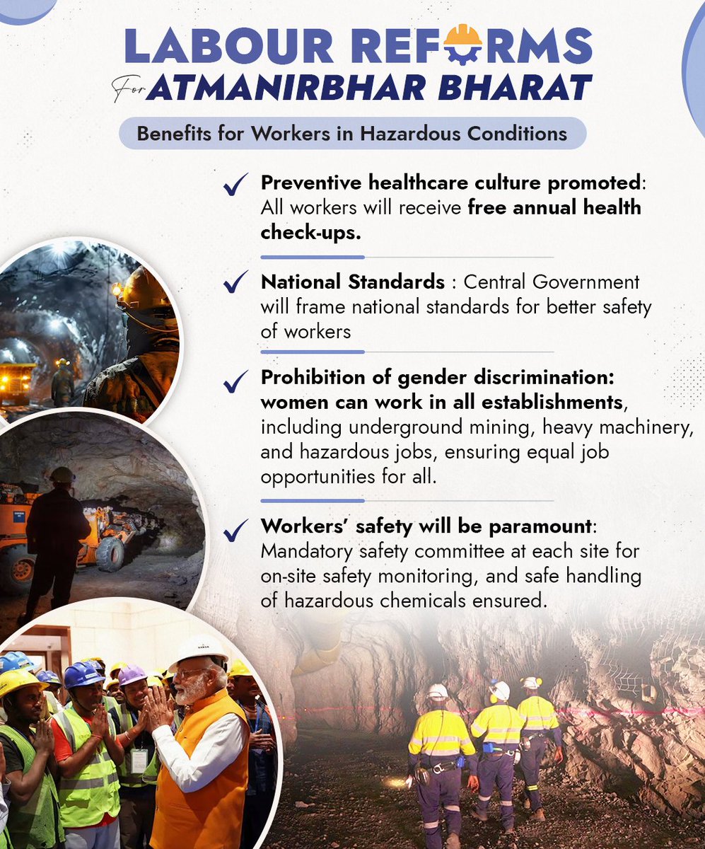 AgartalaAir's tweet image. The Labour Codes put robust safeguards in place for every worker.
From timely wages and mandatory appointment letters to comprehensive social security and healthcare, these reforms uphold dignity, safety, and transparency across the workforce.
#ShramevJayate