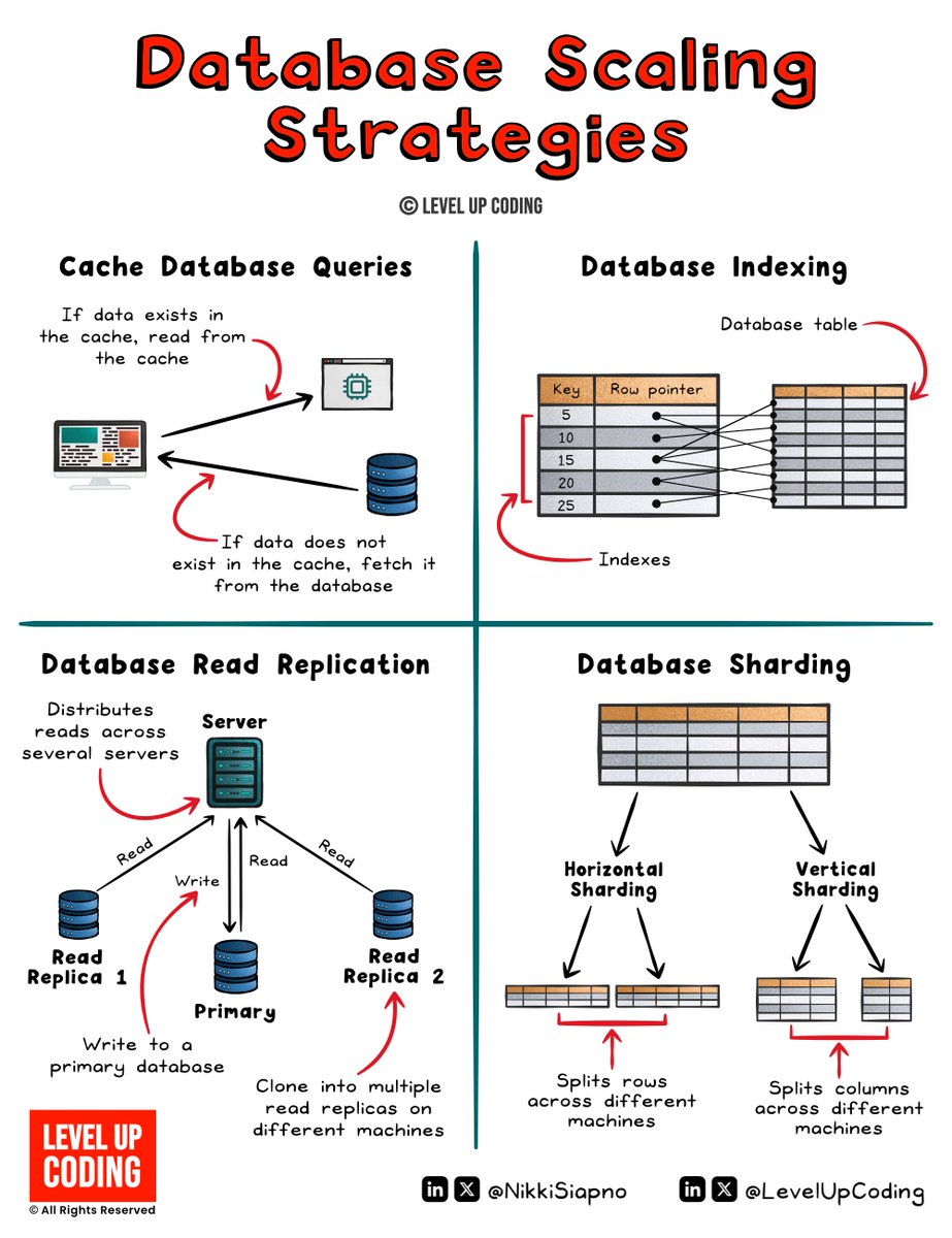 NikkiSiapno's tweet image. If you want to scale a database,
consider these strategies:

𝟭 ) 𝗖𝗮𝗰𝗵𝗲 𝗱𝗮𝘁𝗮𝗯𝗮𝘀𝗲 𝗾𝘂𝗲𝗿𝗶𝗲𝘀

↳ One of the simplest improvements you can make to handle database load. Reduce load by caching frequently requested query results. Tools like Redis or Memcached store…