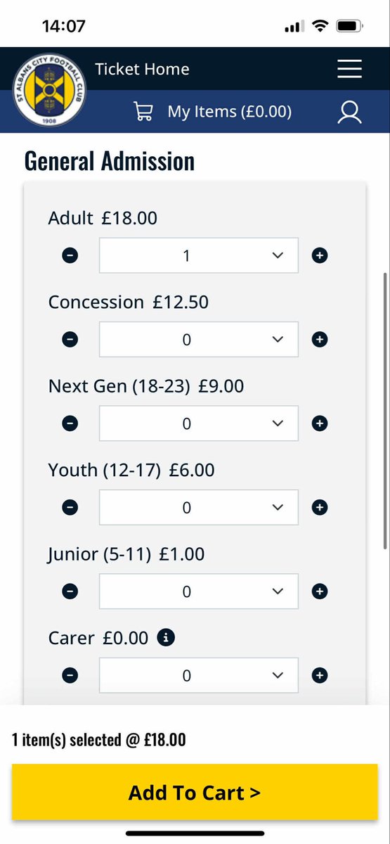 RWynnedogg's tweet photo. @stalbanscityfc @TonyGauthier1 Just went to buy my ticket for Tuesday. Fans were under the impression it was £16.50 48 hours in advance. Tickets are showing as £18 on the website. Hopefully not a mid season price rise. https://t.co/XjB7pjh9dR