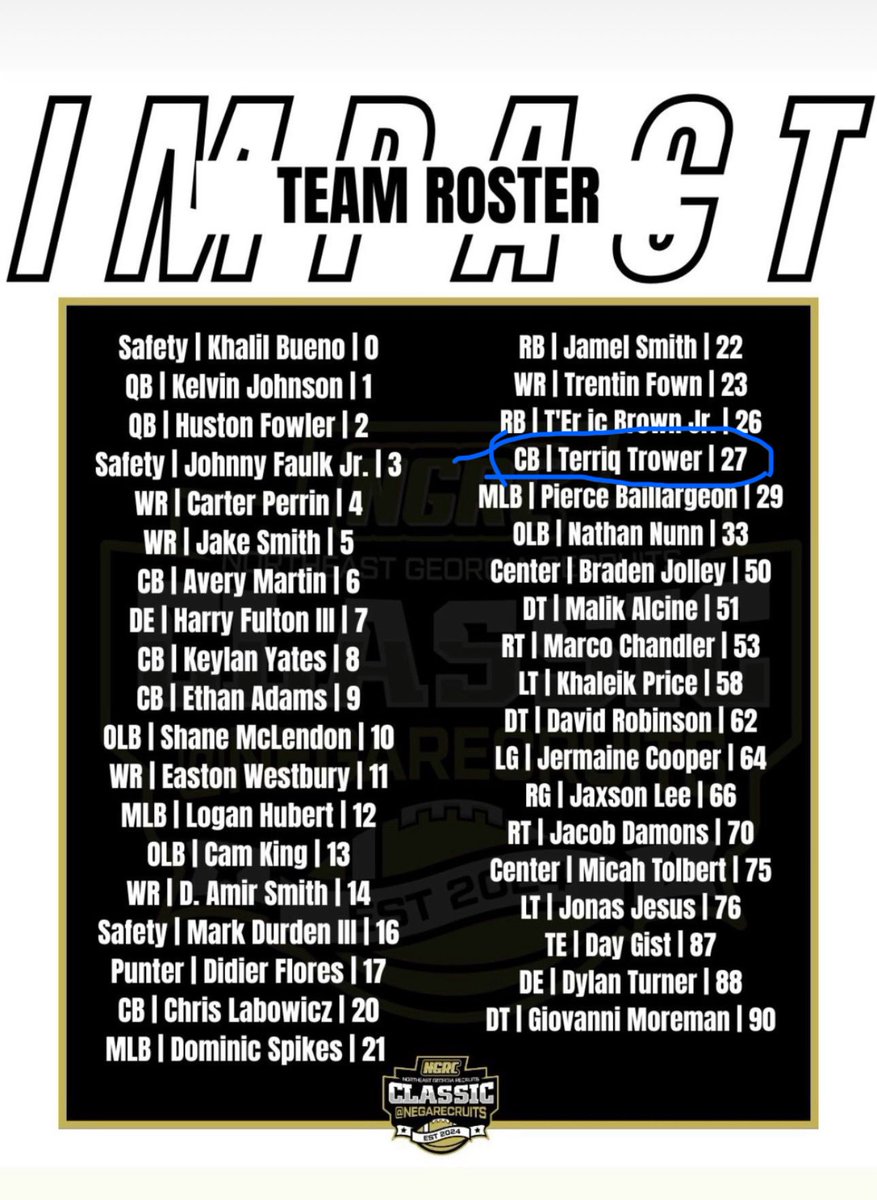 I will be playing in the Northeast GA recruits classic game on the 20th and 21st on team IMPACT!!! Very blessed and thankful for this opportunity to showcase my talents. <a href="/CGBlackKnightFB/">Central Gwinnett Football 2025 - Present</a> <a href="/BHarrison92/">Bryant Harrison</a> <a href="/tbanks1906/">Terrance Banks</a> <a href="/NEGARecruits/">Northeast Georgia Recruits</a> <a href="/RecruitGeorgia/">Recruit Georgia</a>