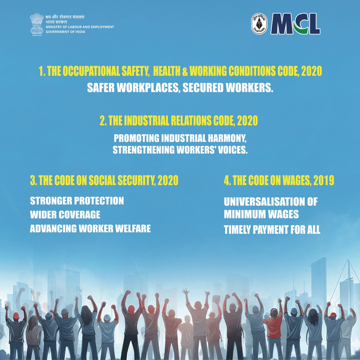 IbValley_MCL's tweet photo. The Government has made the four Labour Codes effective! India’s Labour Codes mark a major reform by modernizing labour laws, ensuring decent working conditions, fair wages, and long-term protection for workers across all sectors.
#श्रमेव_जयते
#ShramevJayate https://t.co/FRUHIWysb9