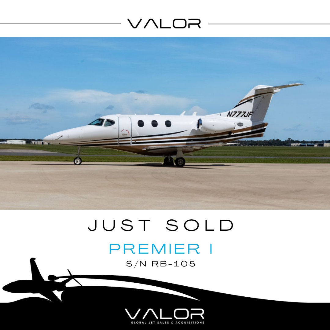 ValorJets's tweet image. Just Sold! 🛫 Premier I, Serial No. RB-105. Thinking about selling your aircraft or exploring the latest market trends? Let’s connect! ✈️

#ValorJets #listedsold #BusinessJets #AircraftSales #PrivateJets #AviationMarket #JetBroker #AviationExperts #JetSales #beechpremier