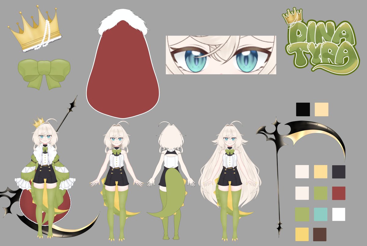 Dina_Tyra's tweet photo. 【CHARACTER SHEET】
Dindindun sang ratu dinosaurus akan memakan kalian, halo saya dinatyra the Queen of Dinosaurs salam kenal~!🦖👑

General : #DinaTyra 
Fanart : #DinArt 
Meme : #chhotadhiin
Clip : #dindinclip 
#Vtuber #VTuberUprising #VtuberID https://t.co/nrJYmTkzdZ
