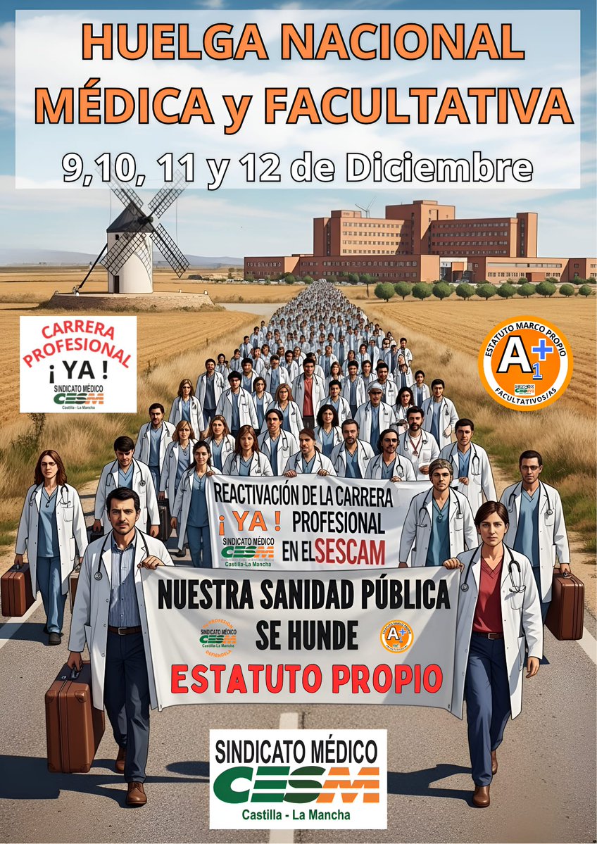 cesmclm's tweet image. 🔊#HuelgaMédica  y #Facultativa días 9,10,11 y 12 Diciembre.
🥼🩺🏥🏨🚑🚁
✖️Convocatoria Nacional en toda #España 
👉Por un #EstatutoPropio
#NoAlBorradorEstatutoMarco
✖️Convocatoria en #CLM #SESCAM 
👉Por la Reactivación #CarreraProfesionalSescamYa
🔆Ahora o Nunca🔆
@SanidadCLM