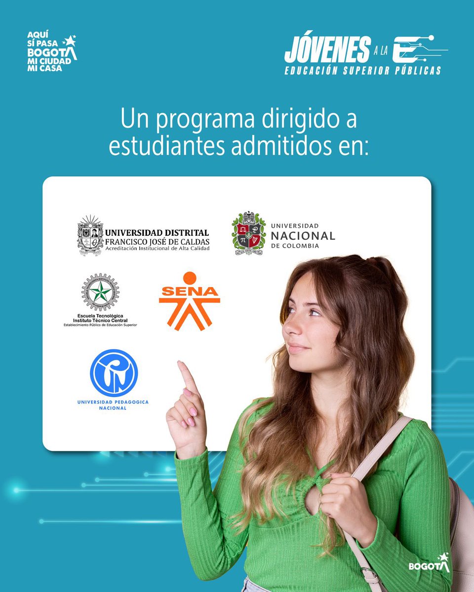 #AquíSíPasa Más de 3.500 jóvenes que ya estén admitidos en <a href="/udistrital/">UniversidadDistrital</a>, <a href="/comunidadUPN/">UPedagógicaNacional</a>, @UnalOficial, <a href="/etitc/">Escuela Tecnológica Instituto Técnico Central</a> y <a href="/SenaBogota/">Sandra Hernández Scarpetta</a> podrán postularse a la convocatoria #JóvenesALaE – Universidades Públicas.

🗓 Fecha de cierre y apertura: del 24 noviembre al 26 de diciembre.

💡 Un paquete
