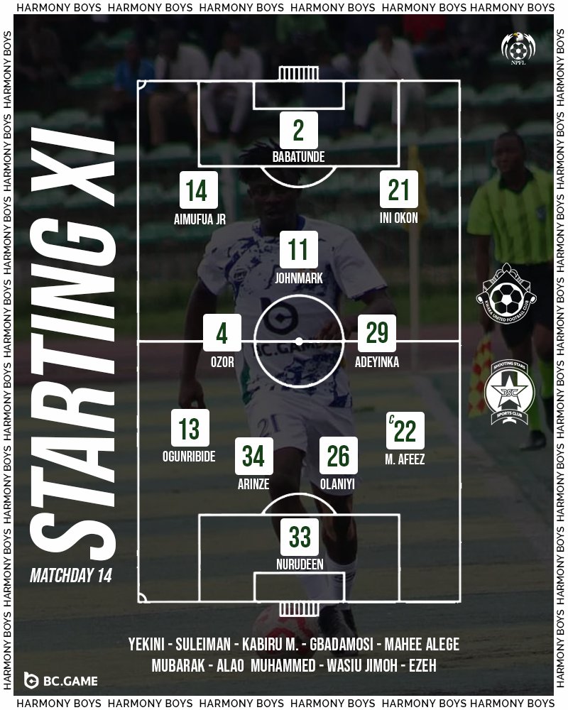 🟢Starting XI🟡

Olororo leads the team 💼
Nurudeen between the sticks 🧤
Ozor and Adeoye running the midfield 🎯
Bright leads the attack 🔥⚽

#WeAreHarmonyBoys🔰