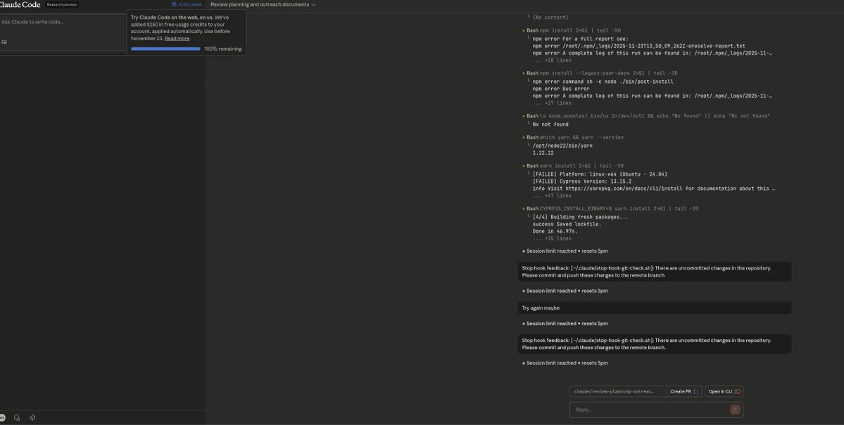 codewith_ahsan's tweet image. Not sure what @claudeai / @AnthropicAI  really wants. Trying out the research preview, says I have $250 to spend, and then says session limit reached, resets at 5 PM :)

Looks like these claude code sessions were using my claude credits instead of these $250. Gotta stop now!