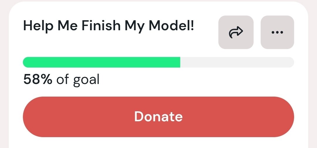 AkaAlbinoFerret's tweet photo. I know it's not alot of progress over almost two years, but it definitely feels more obtainable.

Now to just keep putting aside extra when I have it and hope someone helps. ❤️

Hoping to find the right algorithm. 
I just want my model to be finished! 😭

$80 away from 60%! https://t.co/pAUzi17kdM