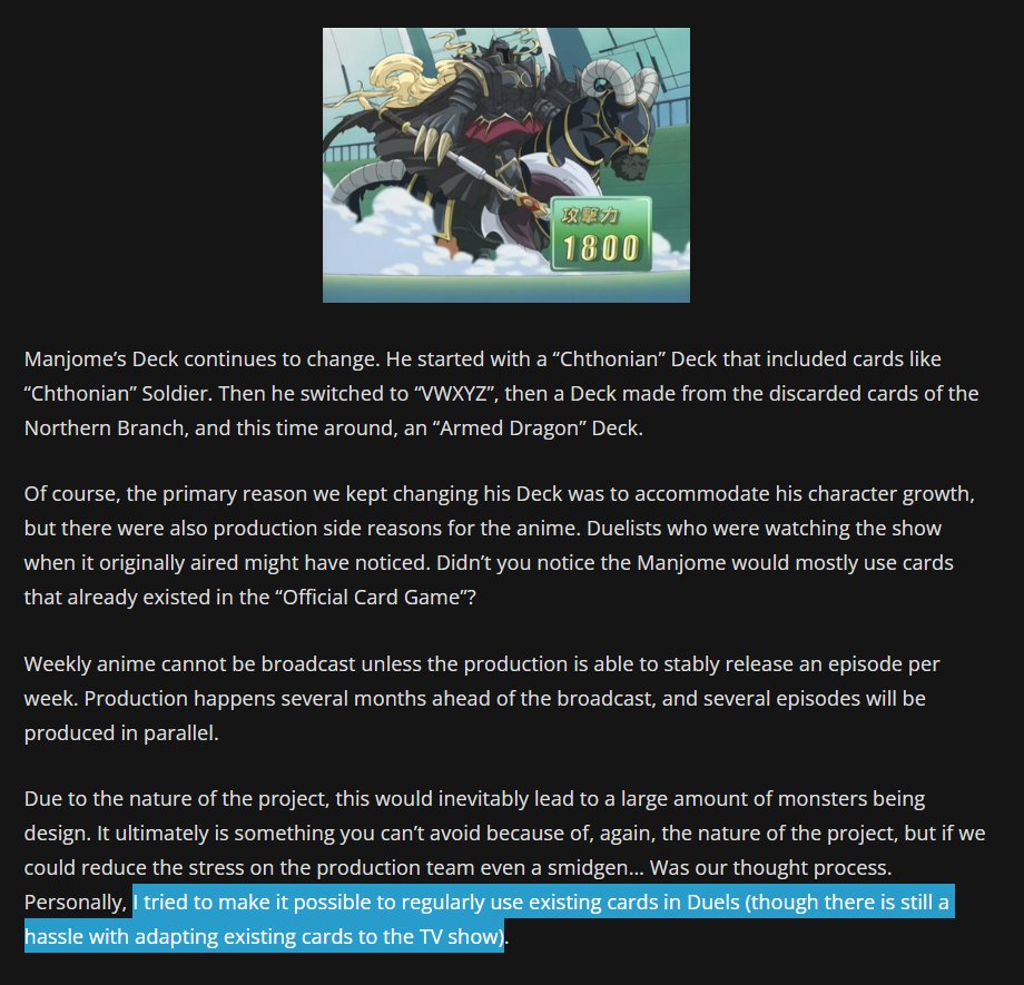 The GX Duel Memorial interviews are such a treat cause we usually don't get much production info so having Hikokubo talk about duel scripting is really fun and interesting. Also feeling vindicated by this statement because writing duels with preexisting cards is a pain in the ass