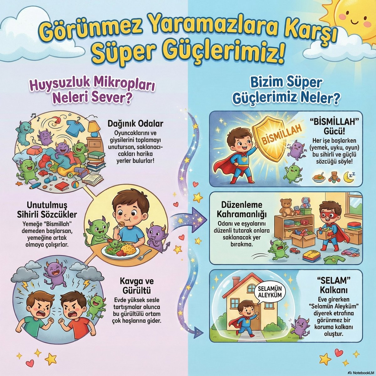 btlmys's tweet image. &quot;Evde huzursuzluk ve dağınıklık arttığında &apos;Mikroplar&apos; iş başında demektir! 🌪️ Çözüm basit: Odayı topla, selam ver ve besmele çek. Negatif enerjiyi (mikropları) evden uzaklaştıran formül bu görselde. Kaydetmeyi unutmayın. 🏠❤️&quot;#DeğerlerEğitimi #ÇocukPsikolojisi #ManeviEğitim