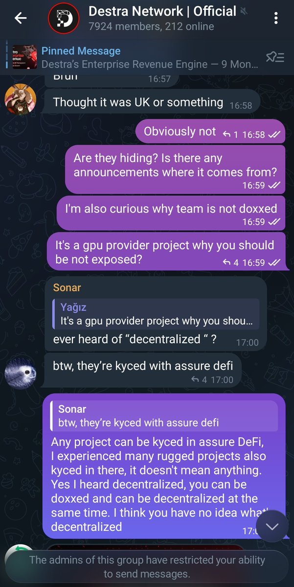 kaitomagickuro's tweet image. SCAM ALERT ⚠️🚨

Hey $DSYNC @DestraNetwork investors

Away from #Scam.

Got muted in the Destra Network Telegram just for asking a basic question: “Which country are you guys from? What’s your nationality?”

Yeah, that’s what happens when a team can’t even answer the simplest…