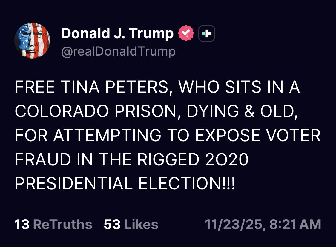 ColonelReynolds's tweet image. President Trump again calls for the release of @realtinapeters!

Free Tina Peters!