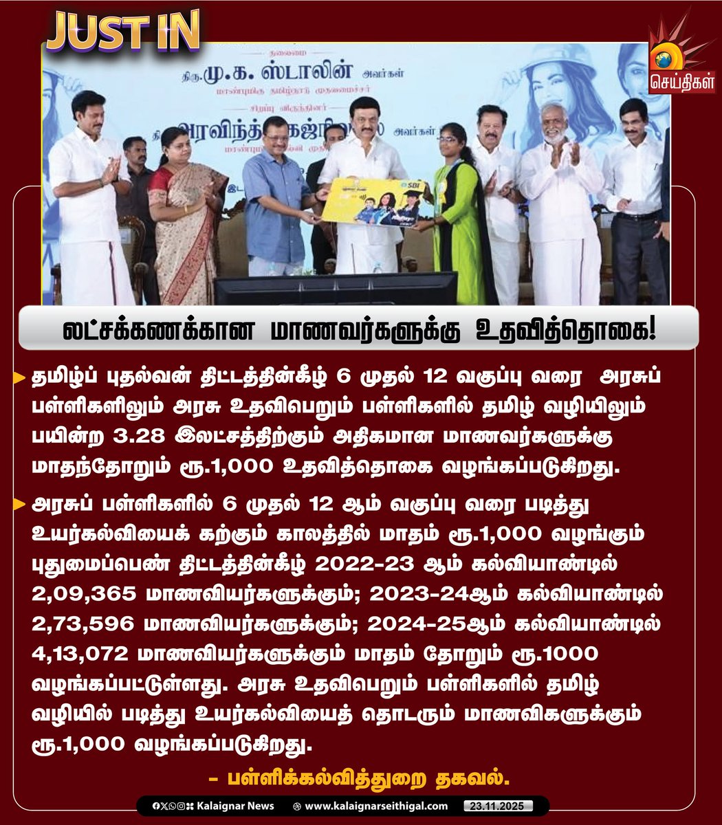 Kalaignarnews's tweet image. லட்சக்கணக்கான மாணவர்களுக்கு உதவித்தொகை !

#MinisterAnbilMahesh #CMMKStalin #DravidaModel #DMK #TNEducation #KalaignarSeithigal
