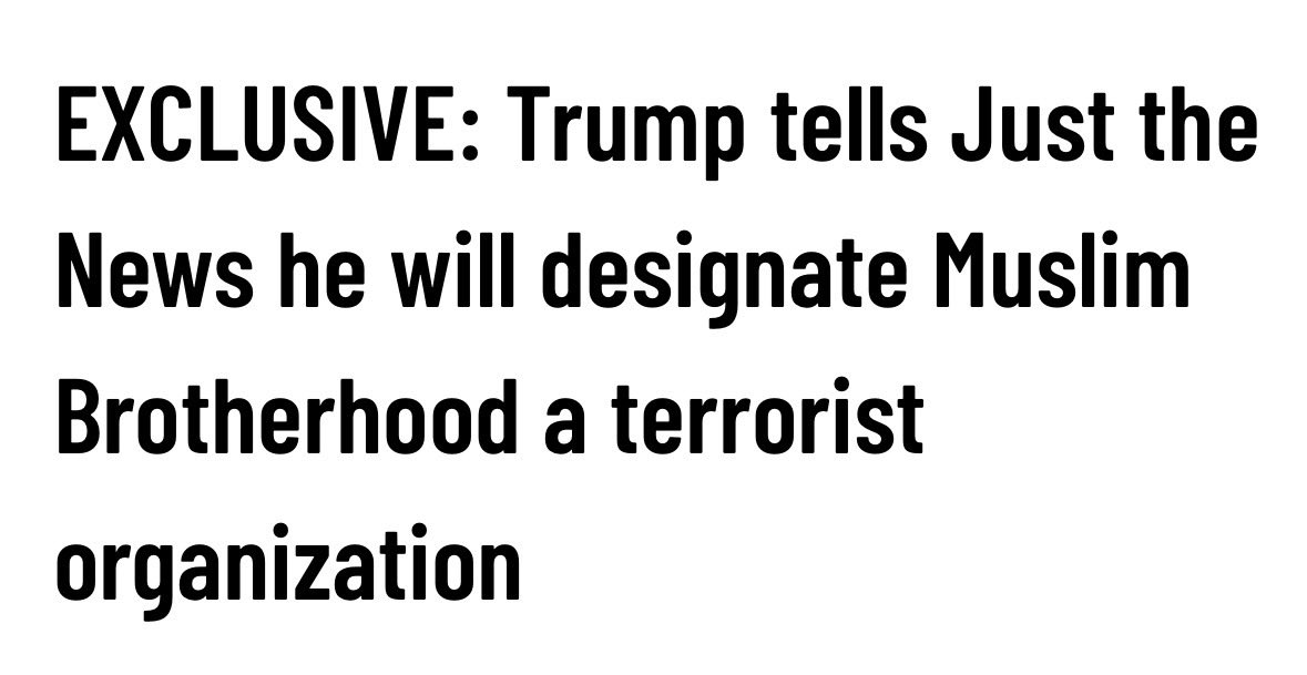 ⚡BREAKING: President Trump to designate the Muslim Brotherhood as a terrorist organization.

<a href="/POTUS/">President Donald J. Trump</a>: “It will be done in the strongest and most powerful terms. Final documents are being drawn.”

Source: <a href="/JustTheNews/">Just the News</a>