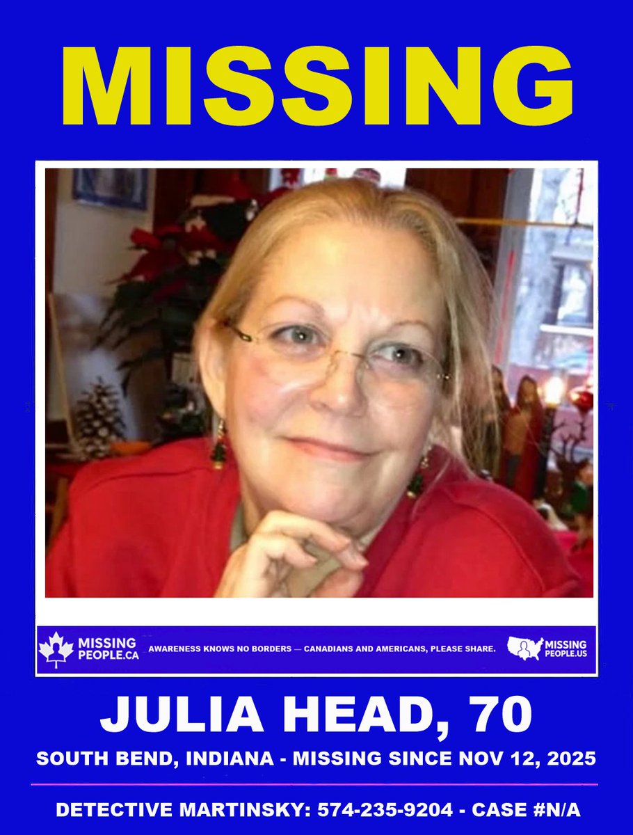 Missing_CA's tweet image. 🔗 Full story: missingpeople.ca/usa-missing-se… 

🧭 USA: MISSING SENIOR IN SOUTH BEND, INDIANA – JULIA HEAD, 70 – LAST HEARD FROM NOVEMBER 12, 2025 

📍 #Indiana #SouthBend #USA