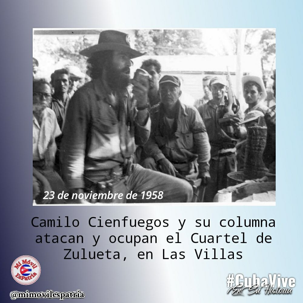 El 23 de noviembre de 1958 ocurrió la primera toma del cuartel de Zulueta, Santa Clara, llevada a cabo por fuerzas rebeldes al mando del comandante Camilo Cienfuegos.
#CubaViveEnSuHistoria #MiMóvilEsPatria