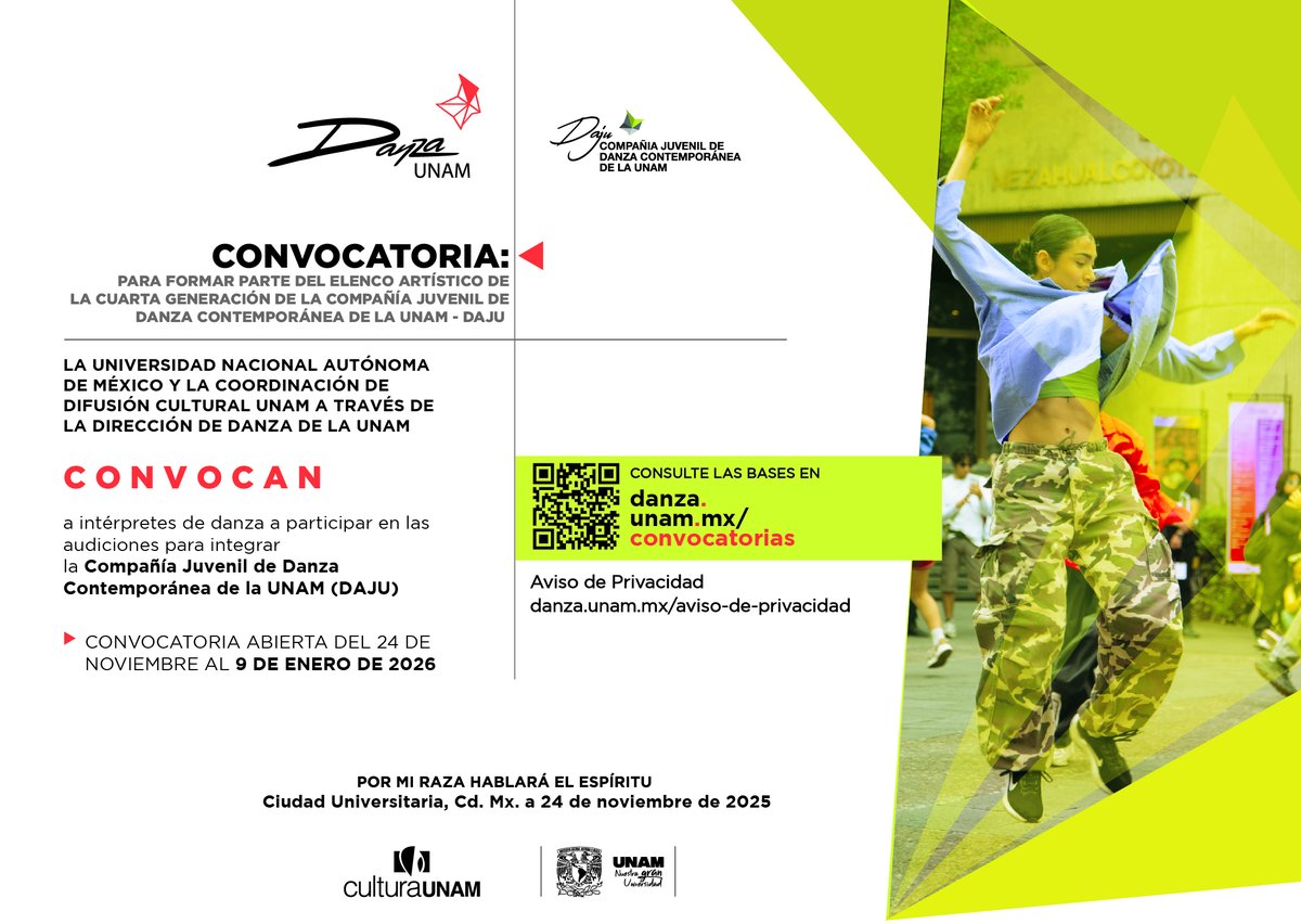La Universidad Nacional Autónoma de México, a través de la Coordinación de Difusión Cultural y Danza UNAM, convoca a intérpretes de 18 a 26 años con formación en danza contemporánea a participar en las audiciones para integrar la Compañía Juvenil de Danza Contemporánea de la UNAM
