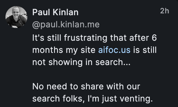 rustybrick's tweet photo. Lead for Chrome Developer Relations at Google is complaining about his site not showing up in Google Search  https://t.co/lcGOwnkO4e https://t.co/iiCkdlDJ0L