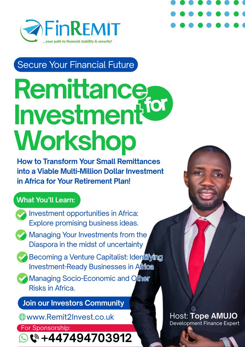 AmujoTemitope's tweet photo. Happening in December 2025 - Visit https://t.co/P8EwbpVH9U to express interest as a Diaspora Investor or as an African Entrepreneur needing funding to scale.

To be a sponsor of this workshop or to partner with us, contact info@finremit.co.uk or +447494703912

More details coming https://t.co/qXb0YBv4TX