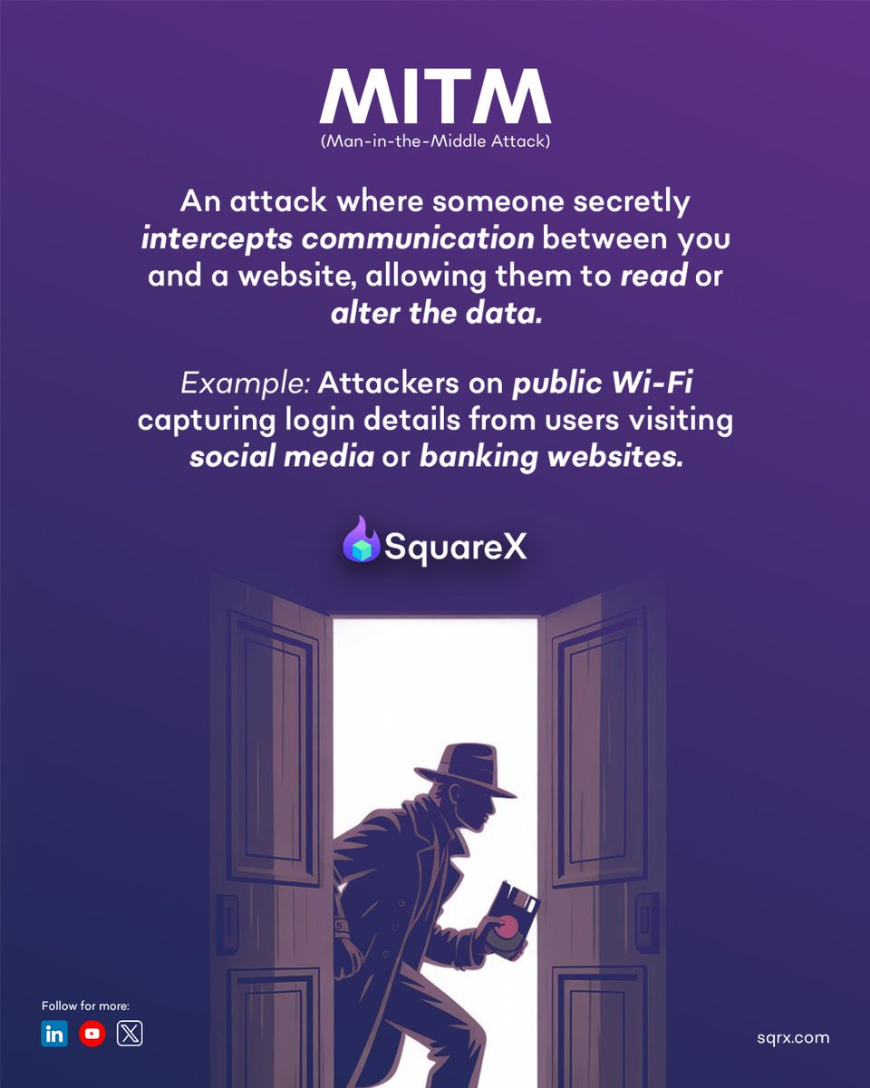 getsquarex's tweet image. Man In The Middle - A hacker could use public WiFi to steal your credentials. Beware! 

#cybersecurity #browsersecurity #onlinesafety #ai #infosec #SquareX