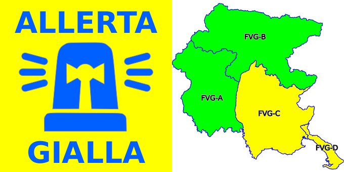#AllertameteoFVG
Allerta meteo GIALLA dalle ore 09:00 del 24/11 alle ore 24:00 del 25/11 per possibili temporali e piogge da abbondanti ad intense, localmente anche moto intense. Si invita alla massima attenzione.
Per emergenze è attivo il NUE 112.
#StayInformed #StaySafe