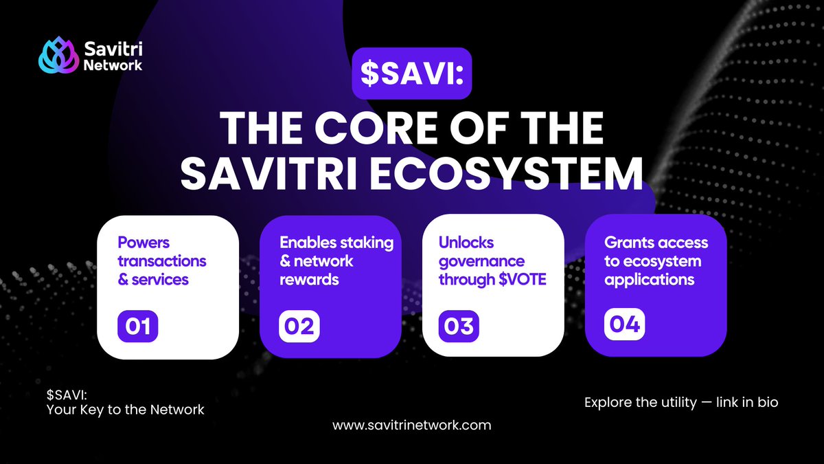Savitri_Net's tweet image. $SAVI carries the economic, governance, and participatory foundation of the Savitri ecosystem.
It fuels the mechanisms that keep the network sustainable, transparent, and aligned with long-term value creation.

Through $SAVI, every contributor gains a direct role in the…
