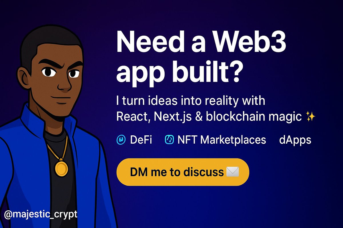 Majestic_Crypt's tweet image. Need a Web3 app built? I turn ideas into reality with React, Next.js, and blockchain magic ✨ From DeFi platforms to NFT marketplaces, let&apos;s bring your vision to life! 🚀 
DM me to discuss your project 📩 #Web3Development #BlockchainSolutions #FrontendDevelopment #BlockchainTech