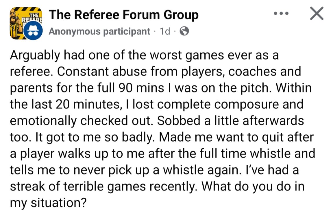 TheRefereeForum's tweet image. This is a disgustingly familiar story from referees all over the country and yet according to the Football association 99.8% of games Go ahead with full respect. Come on. Don&apos;t make me laugh.