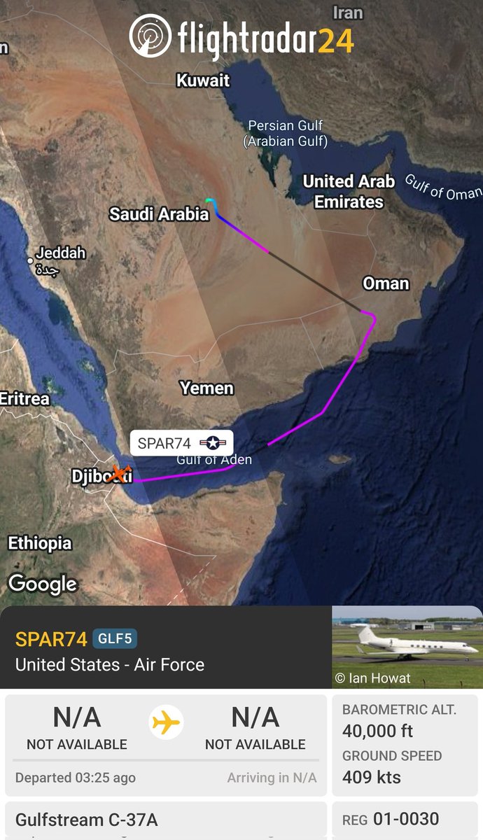 sipjack1776's tweet image. C-37A 🇺🇲
#AE115E/01-0030/SPAR74
Out of Prince Sultan Air Base tracking SW over Djibouti.
@Borrowed7Time @Dinlas3