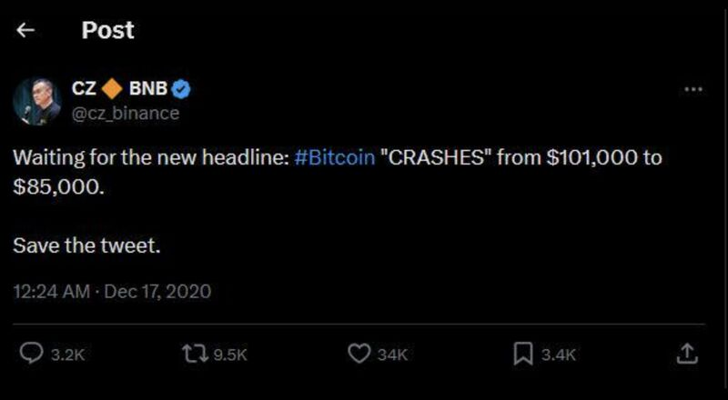defidojo_'s tweet photo. Looks like @cz_binance knew.. 

The next one will be: $BTC crashes from $1m to $800k 

$BTC long term, will just be fine. Same with $ETH and $BNB https://t.co/5zjHCfb1Fo