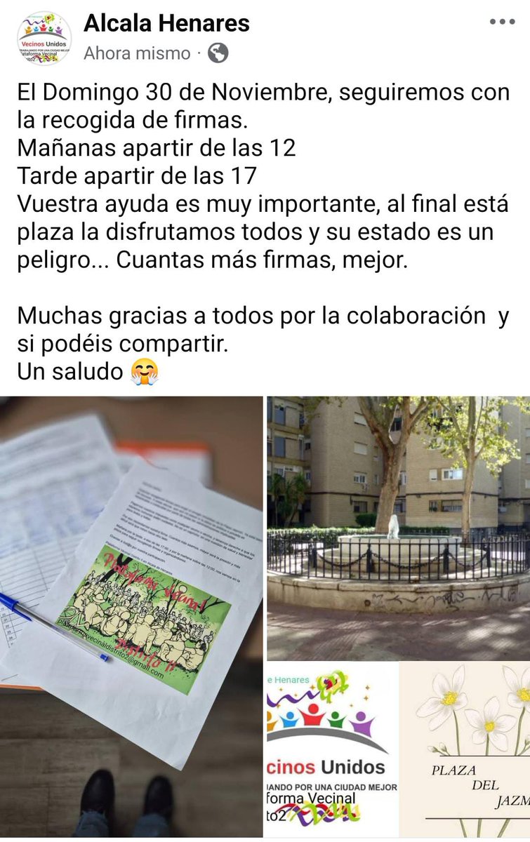 vecinal_ii's tweet image. Buenas tardes.

Estamos recogiendo firmas para exigir el arreglo inmediato de la Plaza Jazmín. Ya está bien de excusas. A estas alturas, que aún no sepan si la plaza es pública o privada es inexplicable e intolerable por parte de todas las administraciones implicadas.