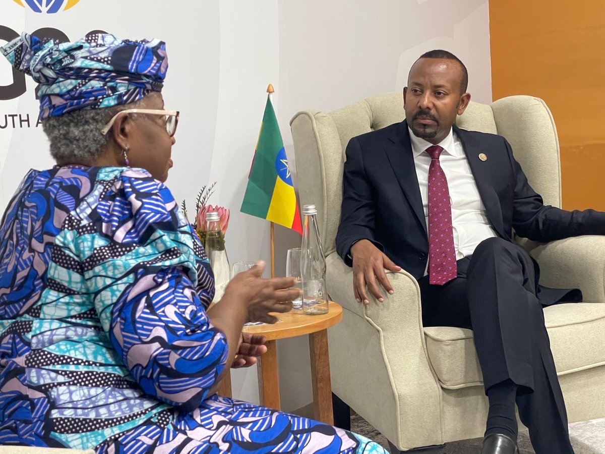 NOIweala's tweet image. Talking Ethiopia‘s accession to the WTO with HE Prime Minister @AbiyAhmedAli on the margins of the G20 Meeting in Johannesburg. The PM has indicated his full engagement and willingness of Ethiopia to do the necessary work related to the accession. Thank you, Excellency, for this…