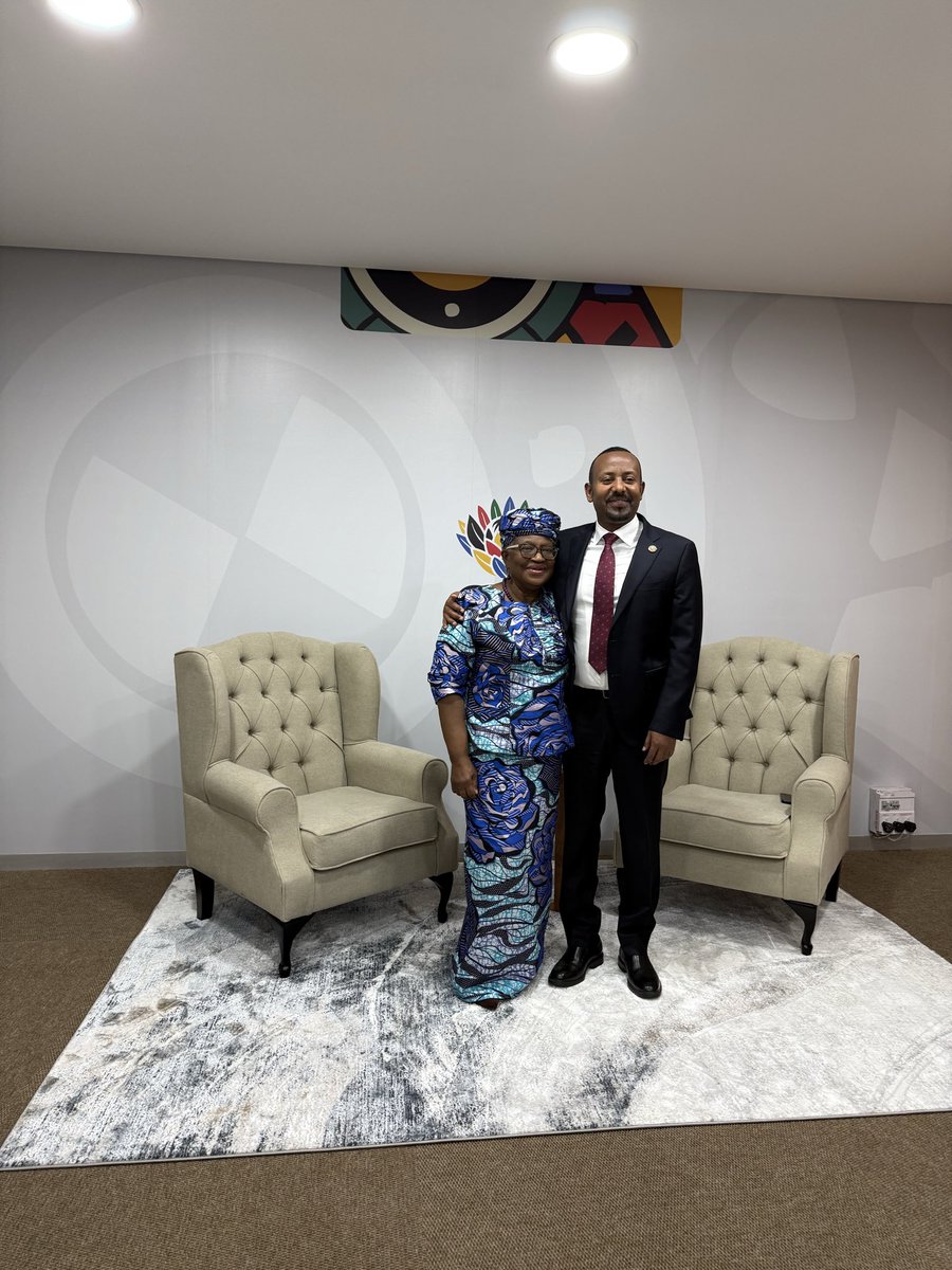 NOIweala's tweet image. Talking Ethiopia‘s accession to the WTO with HE Prime Minister @AbiyAhmedAli on the margins of the G20 Meeting in Johannesburg. The PM has indicated his full engagement and willingness of Ethiopia to do the necessary work related to the accession. Thank you, Excellency, for this…