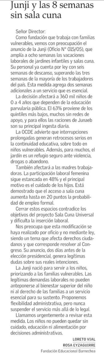 mavillaseca's tweet image. Ocho semanas de vacaciones laborales para los funcionarios de la Junji. Ocho. Otra vez más, un retroceso en cobertura de la educación parvularia.