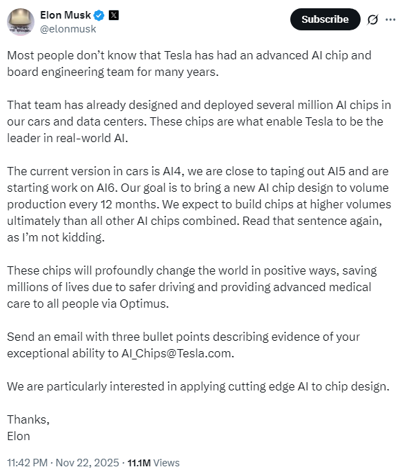 StockSavvyShay's tweet image. Elon is basically making it clear that physical AI is a compute problem &amp;amp; $TSLA intends to own the silicon that solves it.

The company already has millions of its own AI chips deployed in cars &amp;amp; data centers, it is on the 4th generation in production, AI5 is about to tape out &amp;amp;…