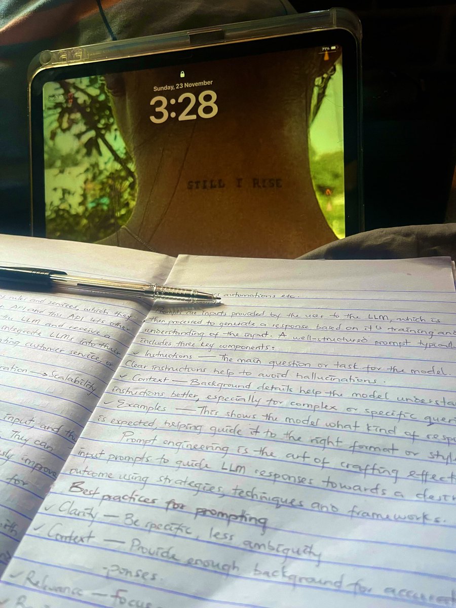 yesthatsjamilaa's tweet image. Wrapped up my Prompt Engineering + LLM study today 💕
Slowly building the AI skills I once dreamed about. And yes, come join me eat. Sunday are for rice afterall.🤭❤️
#AI #PromptEngineering #LLMs #TechCreator #WomenInTech #Automation