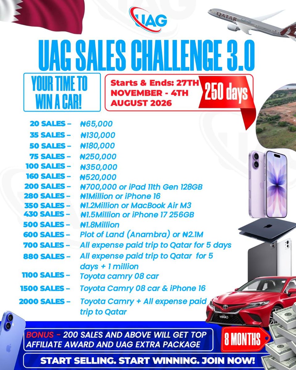 Coach_Dominic1's tweet photo. UAG SALES CHALLENGE 3.0 IS HERE

It’s time to level up 💃💃💃

The long-awaited UAG Sales Challenge 3.0 is here, and this one is BIGGER, LONGER and even MORE REWARDING than anything we’ve ever done before.

We have 250 full days, from 27th November 2025 to 4th August 2026 >> to push, grow, and cash out massively.

Whether you’re a new affiliate or a top earner, this challenge has something for EVERYONE.

From ₦65,000 cash prizes, to iPhones, iPads, MacBooks laptop, plots of land, all-expense paid trips to Qatar, and even Toyota Camry cars, the reward list is unbelievable🙌🔥

This is your chance to prove to yourself that consistency pays.

The chance to change your story with just ONE challenge.

And remember, once you hit 200 sales and above, you qualify for the top affiliate award + the UAG extra package. No one is left behind in this community.

This challenge proves that it's your turn to win a car, it's my turn to win a car, it's our turn to win a car... let’s make history in UAG together💎