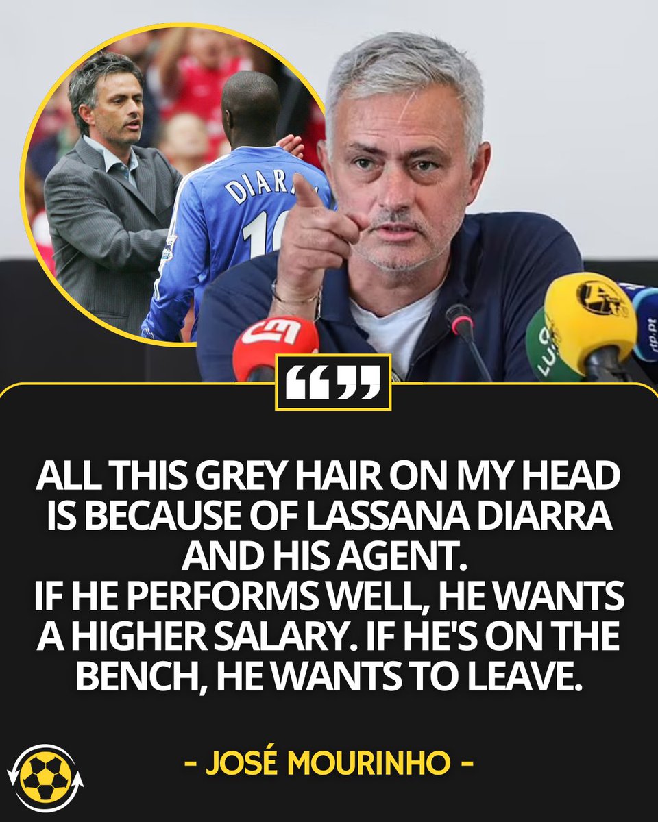 DeadlineDayLive's tweet photo. 🚨🤣 José Mourinho explains why he's got grey hair: 

🗣️ "I coached Lassana Diarra at Real Madrid and Chelsea. 

𝗔𝗹𝗹 𝘁𝗵𝗶𝘀 𝗴𝗿𝗲𝘆 𝗵𝗮𝗶𝗿 𝗼𝗻 𝗺𝘆 𝗵𝗲𝗮𝗱 𝗶𝘀 𝗯𝗲𝗰𝗮𝘂𝘀𝗲 𝗼𝗳 𝗟𝗮𝘀𝘀𝗮𝗻𝗮 𝗮𝗻𝗱 𝗵𝗶𝘀 𝗮𝗴𝗲𝗻𝘁! 

If he plays 90 minutes and performs well, his agent comes the next day demanding a new contract and a higher salary.

If he's on the bench and not playing, his agent comes on Monday morning asking for a meeting because Lassana wants to leave."