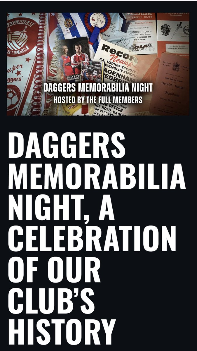 FullMembers's tweet image. We're hosting a memorabilia night Thurs 27th Nov, 7-9 pm in the front hall. Free for supporters to come and display anything @Dag_RedFC  related or just enjoy the items on show. Ex players in attendance, inc a 1980 FA Trophy winner.
Bar will be open, come, look and have a chat