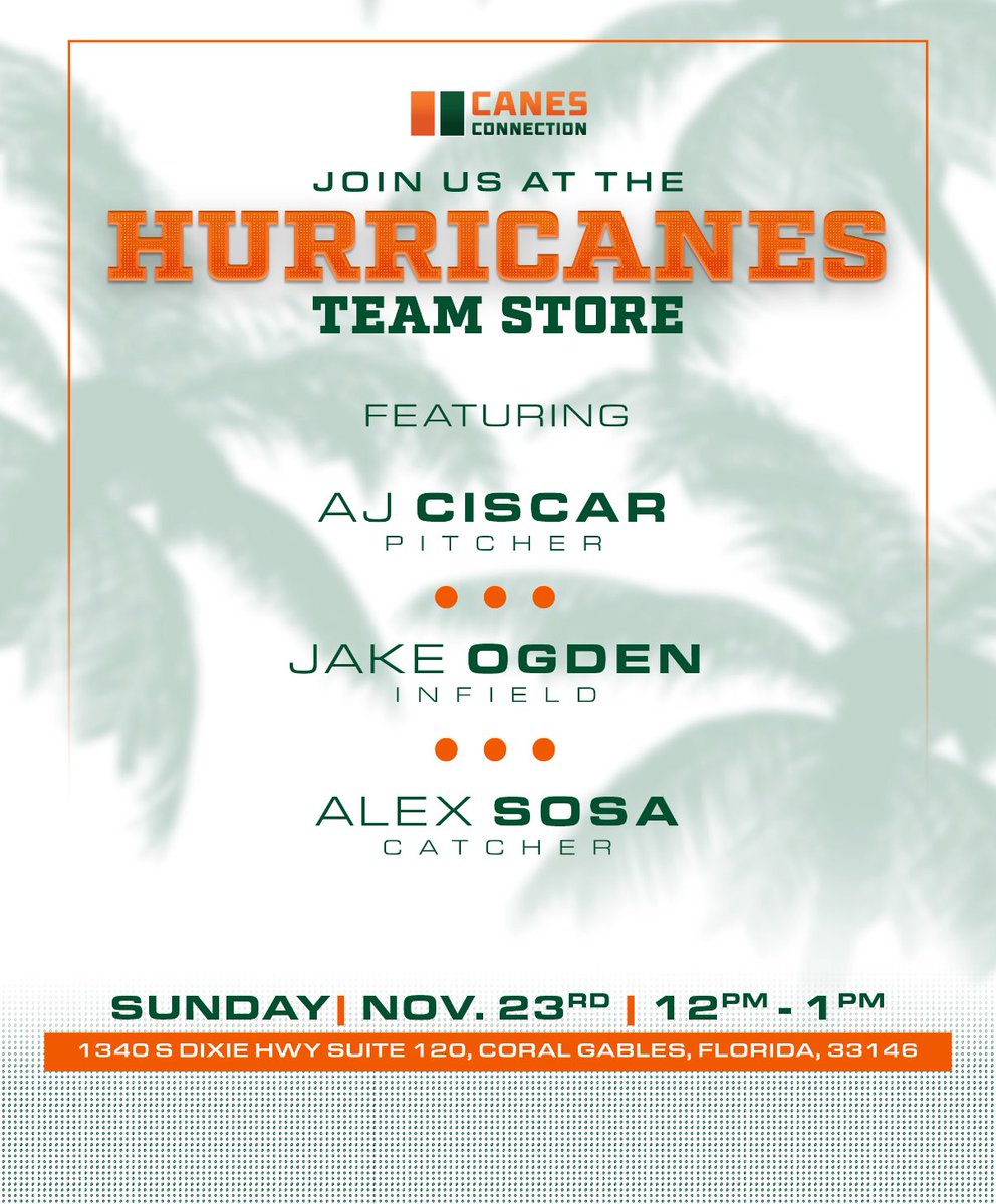 allCanesRadio's tweet photo. Good morning @CanesBaseball fans , come by @miamihts today at noon and meet 3 great players . 🙌⚾️💪 The 2026 season is going to be great! https://t.co/sKnAUYfneV