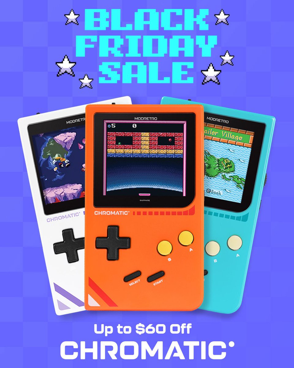 modretro's tweet image. Black Friday starts NOW.

Save up to $60 on Chromatic and 15% on all games and accessories.

More deals coming this week ⚡️