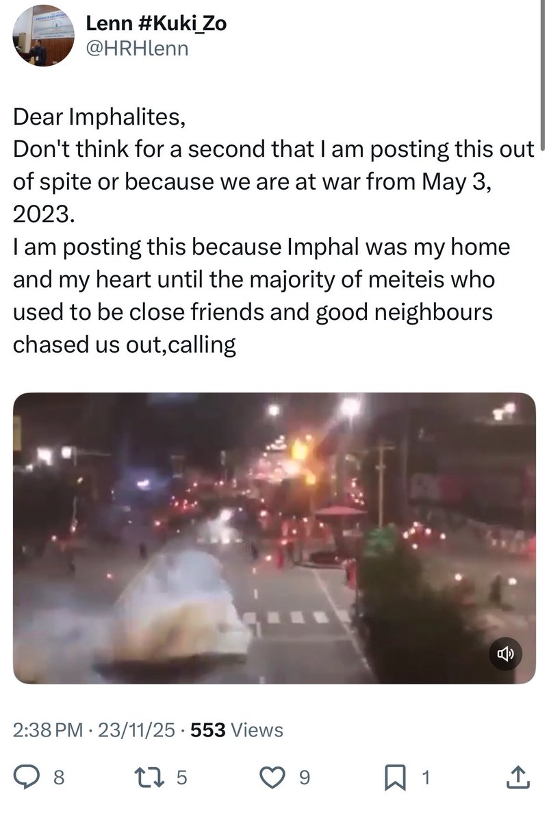 Selective victimhood won’t lead to peace  <a href="/HRHlenn/">Lenn #Kuki_Zo</a> come out from Kuki supremacist propaganda and don’t tag me in such propaganda post . If you say Imphal is your home ,join the people who’s asserting to stay there . People are already living there 

Let’s be clear: the violence