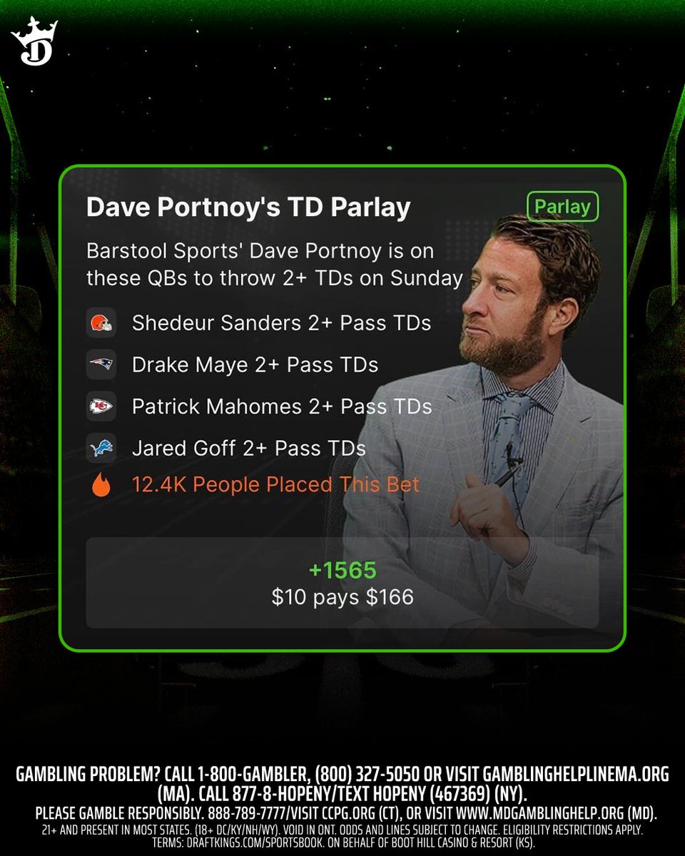 Over 12K people are riding with <a href="/stoolpresidente/">Dave Portnoy</a> and his TD Parlay today 🔥

🏈 Shedeur Sanders 2+ Pass TD
🏈 Drake Maye 2+ Pass TD
🏈 Patrick Mahomes 2+ Pass TD
🏈 Jared Goff 2+ Pass TD