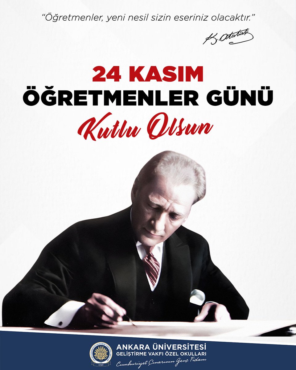 Başöğretmenimiz Gazi Mustafa Kemal Atatürk’ün, “Öğretmenler, yeni nesil sizin eseriniz olacaktır.” sözüyle onurlandırdığı bu mesleğin kutsiyetini bir kez daha hatırlıyor, tüm öğretmenlerimizin 24 Kasım Öğretmenler Günü’nü en içten dileklerimizle kutluyoruz. 💐